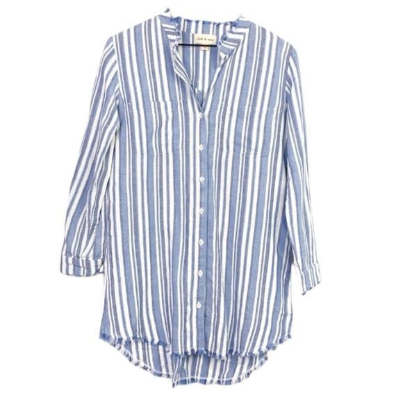 CLOTH & STONE Linen Blend Shirt Dress w/ Raw Hem in Blue/White Stripe Size XS - Picture 3 of 9